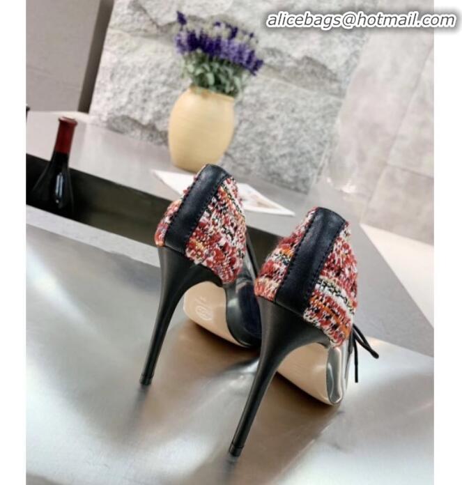 Elegant Chanel Tweed Transparent Lace-up High-Heel Pumps G11623 Red 2020