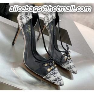 Practical Chanel Tweed Transparent Lace-up High-Heel Pumps G11623 White 2020