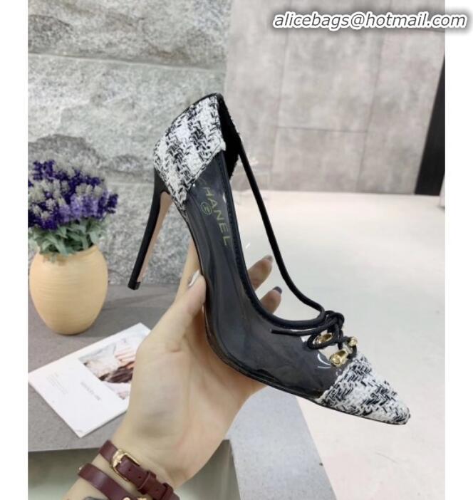 Practical Chanel Tweed Transparent Lace-up High-Heel Pumps G11623 White 2020