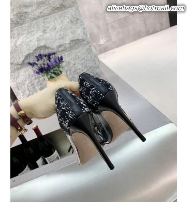 Luxury Chanel Tweed Transparent Lace-up High-Heel Pumps G11623 Black 2020