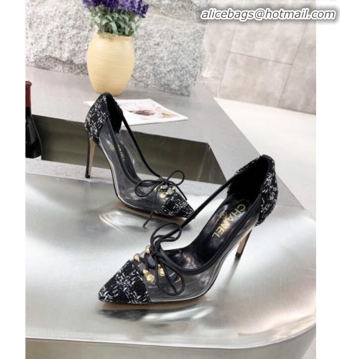 Luxury Chanel Tweed Transparent Lace-up High-Heel Pumps G11623 Black 2020