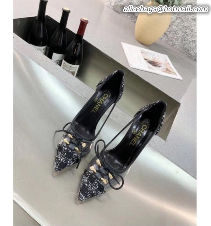 Luxury Chanel Tweed Transparent Lace-up High-Heel Pumps G11623 Black 2020