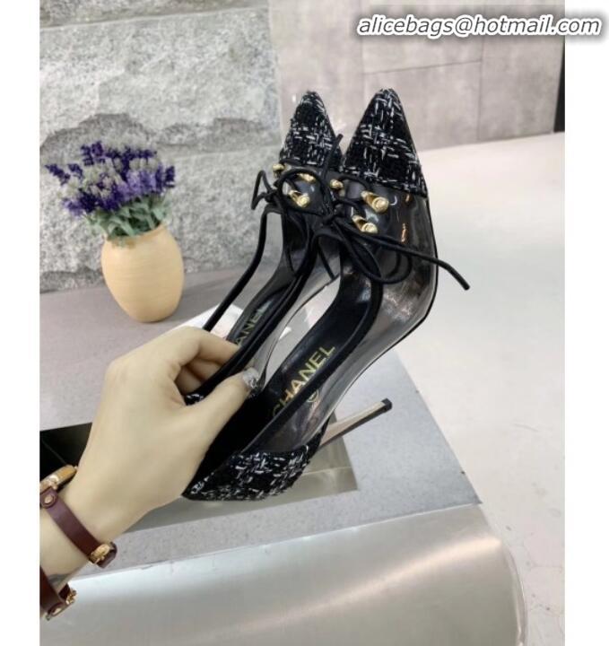 Luxury Chanel Tweed Transparent Lace-up High-Heel Pumps G11623 Black 2020