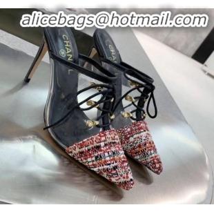 Discount Chanel Tweed Transparent Lace-up High-Heel Mules G11627 Red 2020