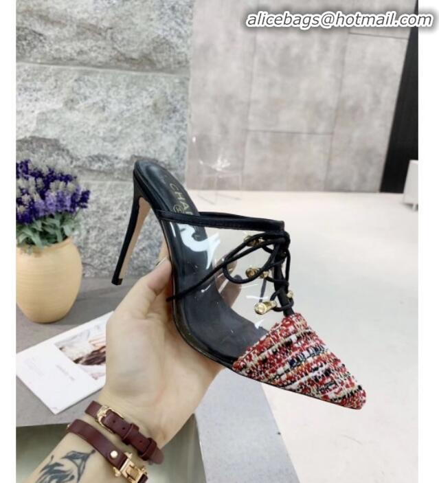 Discount Chanel Tweed Transparent Lace-up High-Heel Mules G11627 Red 2020