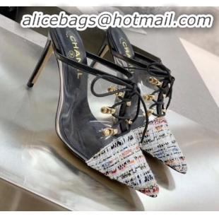 Stylish Chanel Tweed Transparent Lace-up High-Heel Mules G11627 Multicolor 2020