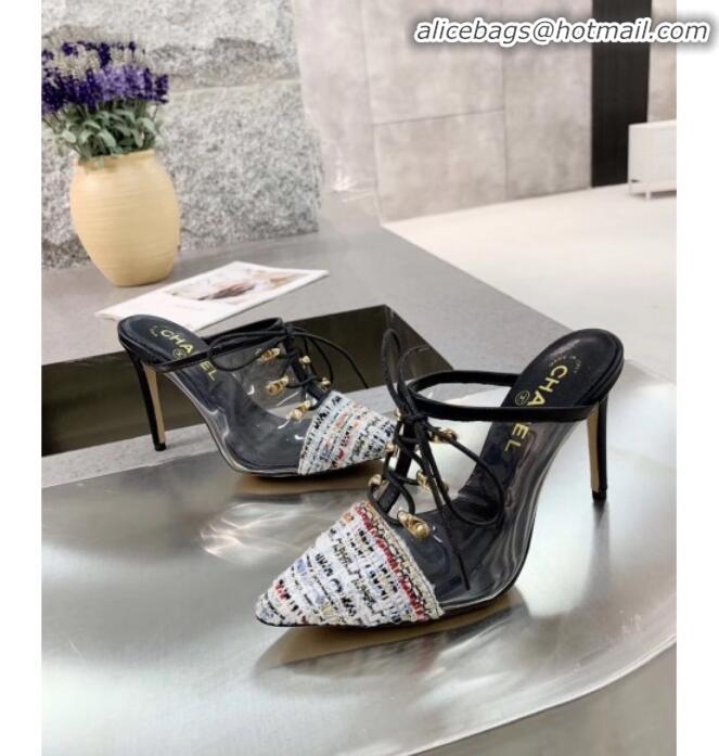 Stylish Chanel Tweed Transparent Lace-up High-Heel Mules G11627 Multicolor 2020