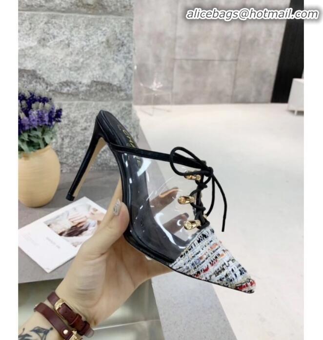 Stylish Chanel Tweed Transparent Lace-up High-Heel Mules G11627 Multicolor 2020