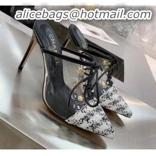 Best Price Chanel Tweed Transparent Lace-up High-Heel Mules G11627 White 2020