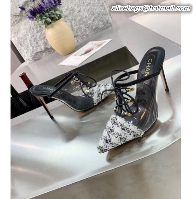 Best Price Chanel Tweed Transparent Lace-up High-Heel Mules G11627 White 2020