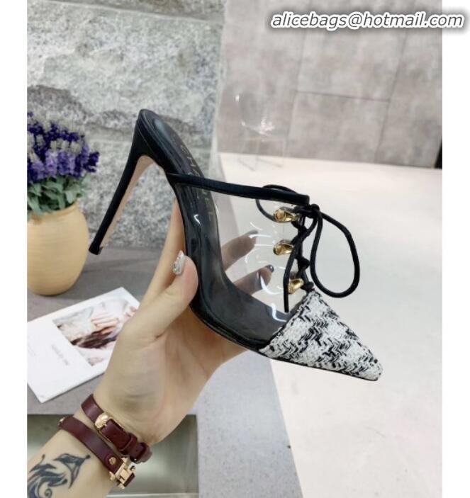 Best Price Chanel Tweed Transparent Lace-up High-Heel Mules G11627 White 2020