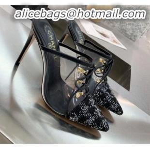 Best Price Chanel Tweed Transparent Lace-up High-Heel Mules G11627 Black 2020