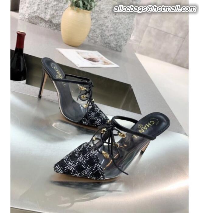 Best Price Chanel Tweed Transparent Lace-up High-Heel Mules G11627 Black 2020