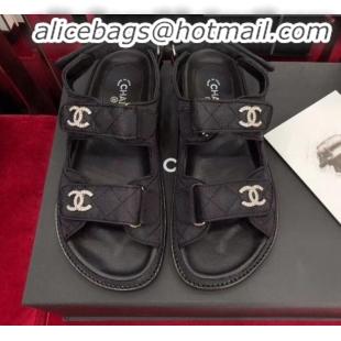 Pretty Style Chanel Canvas Strap Crystal CC Flat Sandals G3445 Black 2020