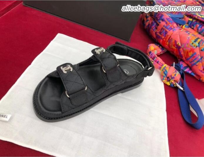 Pretty Style Chanel Canvas Strap Crystal CC Flat Sandals G3445 Black 2020