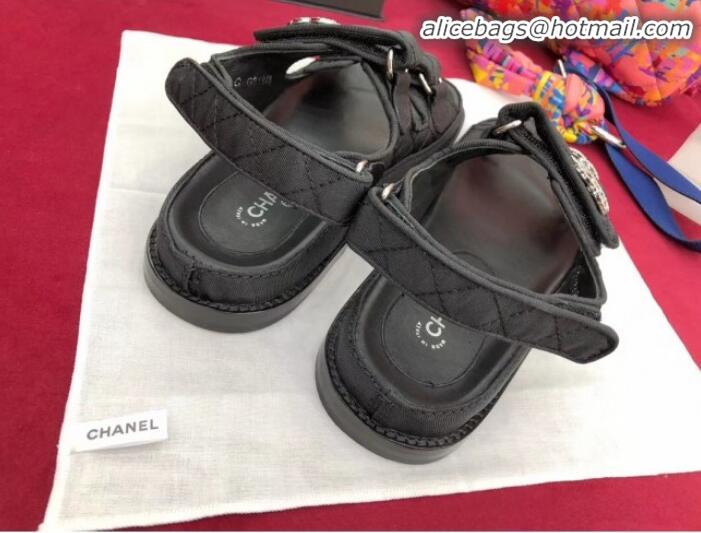 Pretty Style Chanel Canvas Strap Crystal CC Flat Sandals G3445 Black 2020