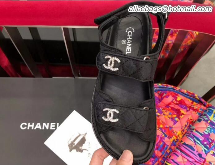 Pretty Style Chanel Canvas Strap Crystal CC Flat Sandals G3445 Black 2020