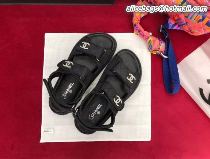 Pretty Style Chanel Canvas Strap Crystal CC Flat Sandals G3445 Black 2020