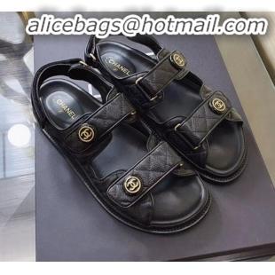 Hot Style Chanel Chain Leather Strap Flat Sandals G3445 Black/Gold 2020