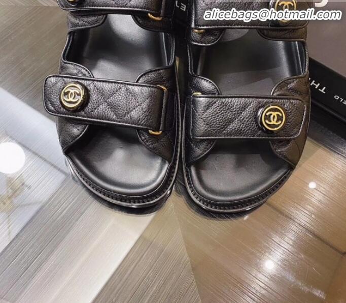 Hot Style Chanel Chain Leather Strap Flat Sandals G3445 Black/Gold 2020