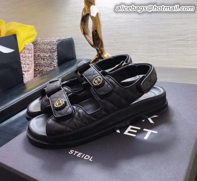 Hot Style Chanel Chain Leather Strap Flat Sandals G3445 Black/Gold 2020