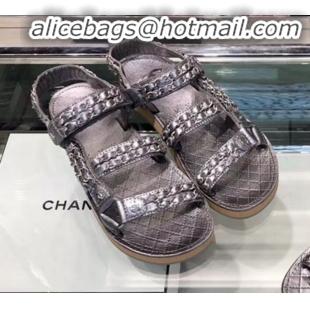 Best Product Chanel Chain Leather Strap Flat Sandals G3445 Silver 2020