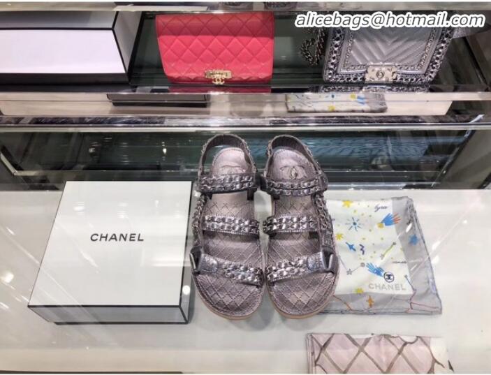 Best Product Chanel Chain Leather Strap Flat Sandals G3445 Silver 2020