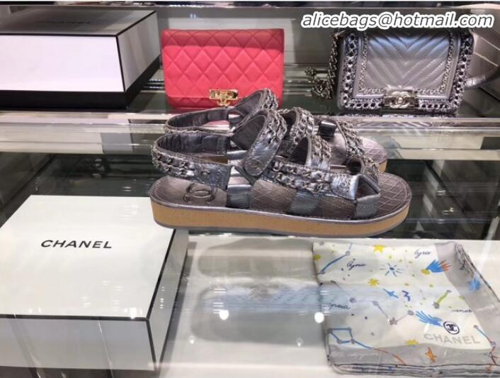 Best Product Chanel Chain Leather Strap Flat Sandals G3445 Silver 2020