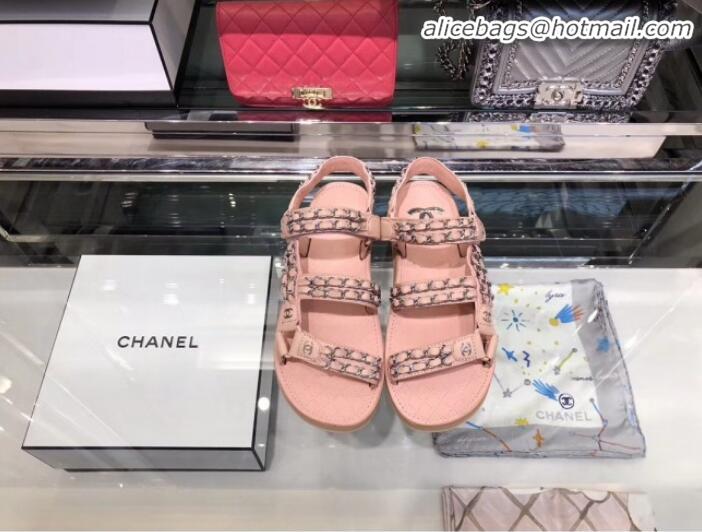 Classic Hot Chanel Chain Leather Strap Flat Sandals G3445 Pink 2020