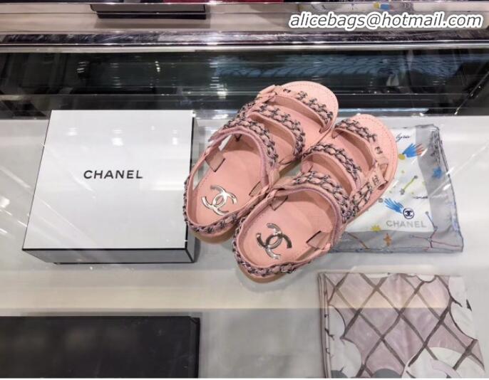 Classic Hot Chanel Chain Leather Strap Flat Sandals G3445 Pink 2020