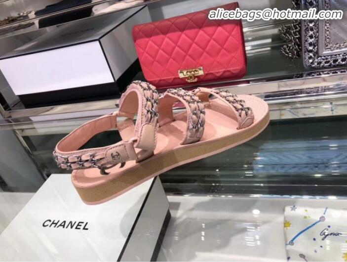 Classic Hot Chanel Chain Leather Strap Flat Sandals G3445 Pink 2020