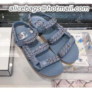 Luxury Discount Chanel Chain Leather Strap Flat Sandals G3445 Blue 2020