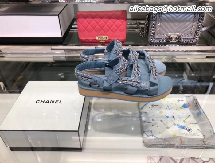 Luxury Discount Chanel Chain Leather Strap Flat Sandals G3445 Blue 2020