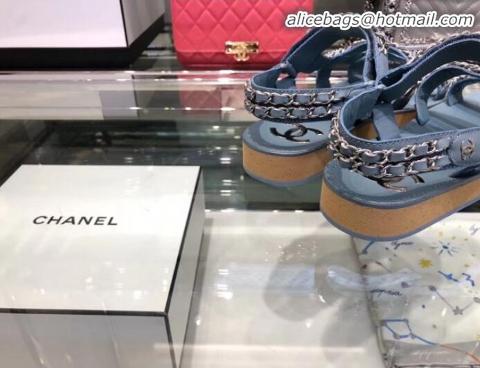 Luxury Discount Chanel Chain Leather Strap Flat Sandals G3445 Blue 2020