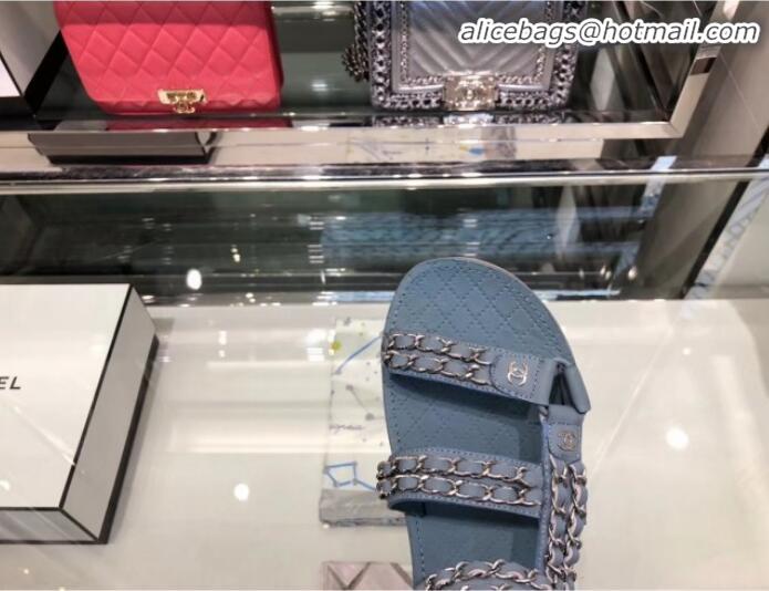 Luxury Discount Chanel Chain Leather Strap Flat Sandals G3445 Blue 2020