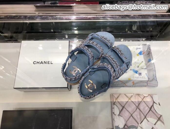 Luxury Discount Chanel Chain Leather Strap Flat Sandals G3445 Blue 2020