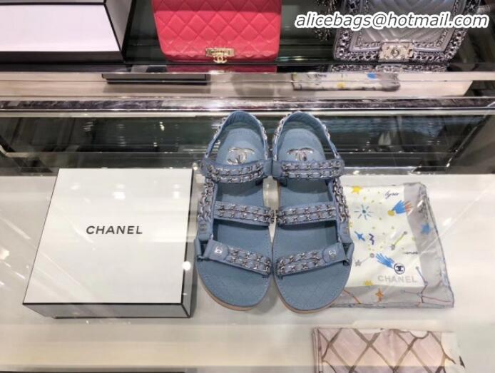 Luxury Discount Chanel Chain Leather Strap Flat Sandals G3445 Blue 2020