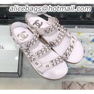 Luxury Chanel Chain Leather Strap Flat Sandals G3445 White 2020