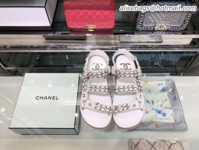 Luxury Chanel Chain Leather Strap Flat Sandals G3445 White 2020