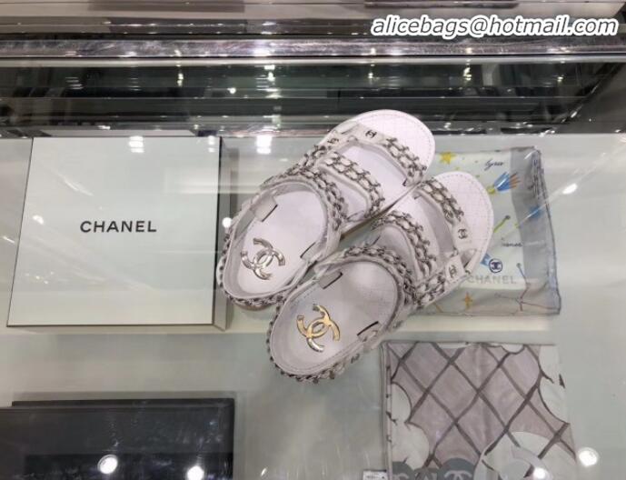 Luxury Chanel Chain Leather Strap Flat Sandals G3445 White 2020