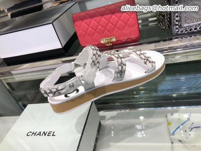 Luxury Chanel Chain Leather Strap Flat Sandals G3445 White 2020