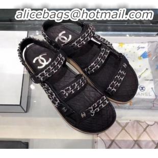 Good Quality Chanel Chain Leather Strap Flat Sandals G3445 Black 2020