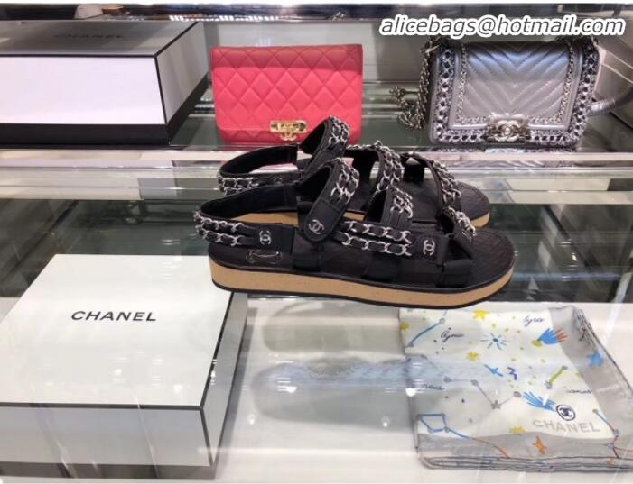 Good Quality Chanel Chain Leather Strap Flat Sandals G3445 Black 2020