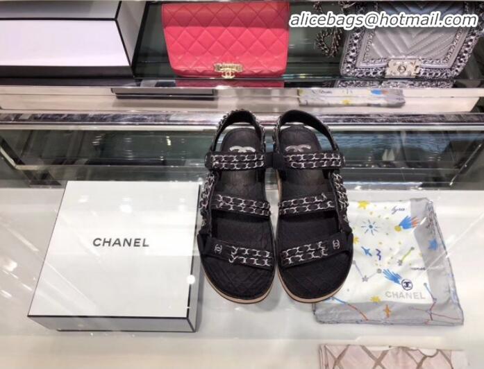 Good Quality Chanel Chain Leather Strap Flat Sandals G3445 Black 2020