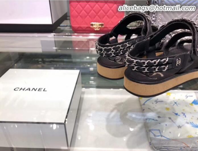 Good Quality Chanel Chain Leather Strap Flat Sandals G3445 Black 2020