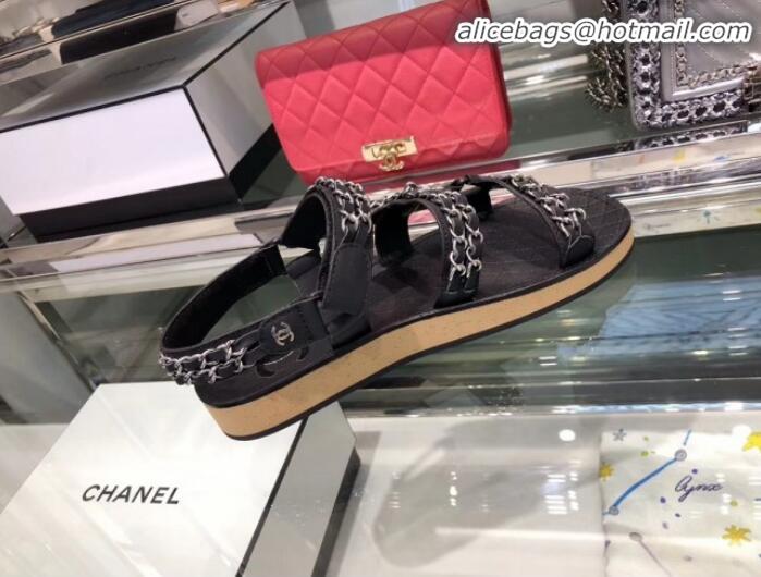 Good Quality Chanel Chain Leather Strap Flat Sandals G3445 Black 2020