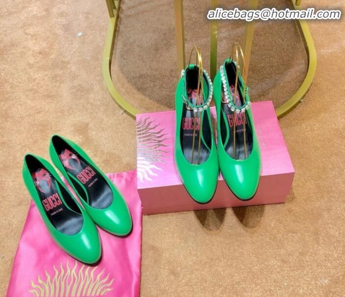 Top Sale Gucci Smooth Leather Print Insole Mid-Heel Pump G71669 Green