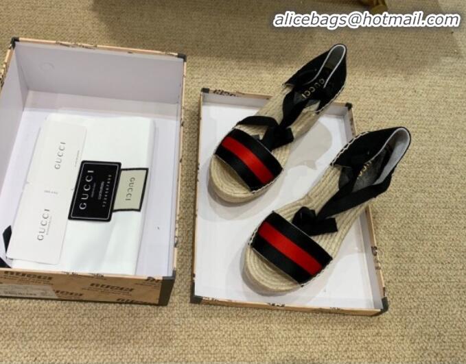 Classic Hot Gucci Web Platform Wedge Heel Espadrille Sandals 525728 Black