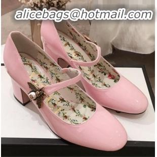 Top Quality Gucci Patent Leather Mid-Heel Mary Janes Bee Pump G71935 Pink