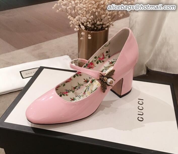 Top Quality Gucci Patent Leather Mid-Heel Mary Janes Bee Pump G71935 Pink